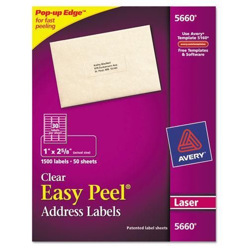 New avery 5660 easy peel laser mailing labels, 1 x 2-5/8, clear, 1500/box for sale
