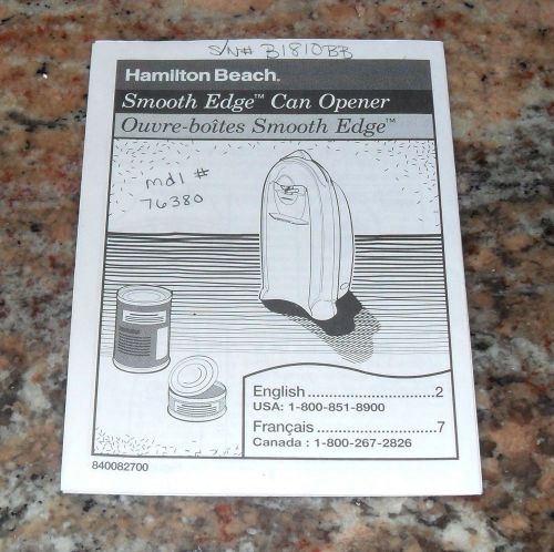 USER MANUAL BOOK (only) for Hamilton Beach Model 76380 Electric Can Opener