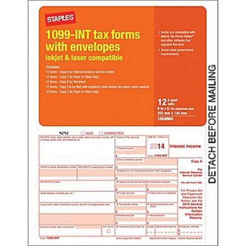 Staples® 2014 Tax Forms, 1099 INT Tax Forms with Envelopes, 12/Pack