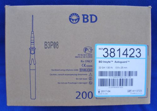 Full Case of 200 BD Insyte 22 Ga Autoguard - Model 381423 - NEW IN BOX