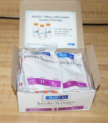 9 Packs of 10 (90) Single Use ReliOn Syringe Needles 3/10cc 31 Gauge 8 mm (5/16)