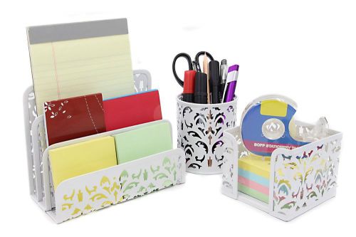 3 piece desk organizer w letter holder pencil cup sticky note holder white metal for sale