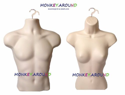 Lot 2 mannequins,male female flesh torso dress body form-display clothing+2 hook for sale