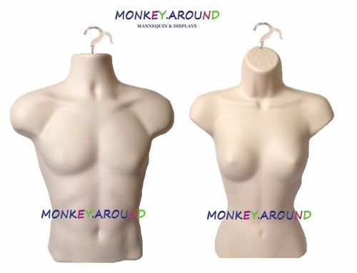 LOT 2 Mannequins,Male Female Flesh Torso Dress Body Form-Display Clothing+2 Hook