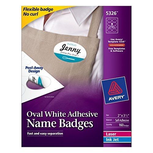 Avery white adhesive flexible name badges, oval, 2 x 3.33 inches, pack of 160 for sale