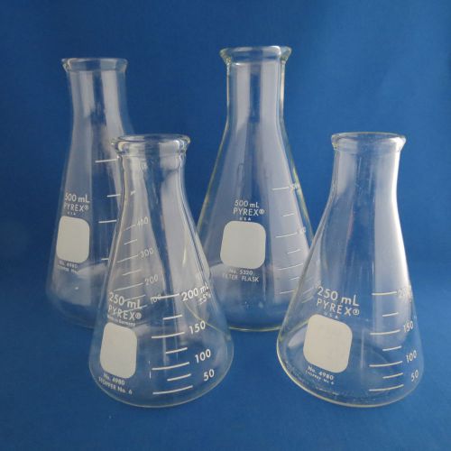 Lot of 4 Pyrex Erlenmeyer  Flasks   2 -  500mL &amp; 2 - 250mL  #4980