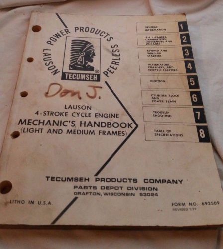 1977 TECUMSEH  MECHANIC HANDBOOK ,MANUAL LAUSON 4-STROKE CYCLE ENGINE - ORIGINAL