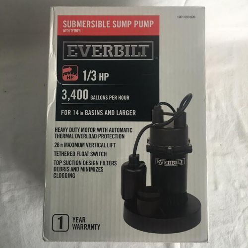 Everbilt SBA033BC 1/3 HP Submersible Sump Pump with Tether 1001093909 New/Sealed