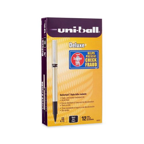 Uni-ball deluxe fine point roller ball pens 12 black ink pens (60052) for sale