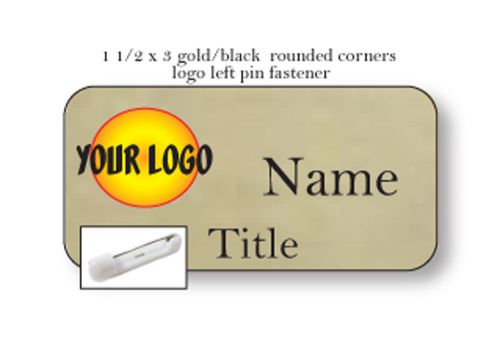 1 gold black name badge color logo on left 2 lines of imprint pin fastener for sale
