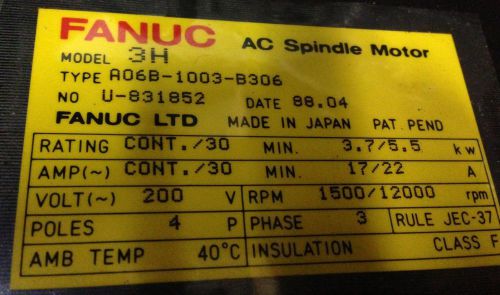 fanuc spindle motor a06b-1003-b306 type 3h unused