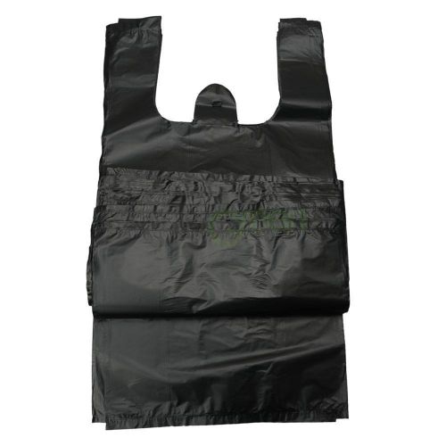 New 100ct large 1/6 black t-shirt plastic grocery shopping bags with handle d for sale