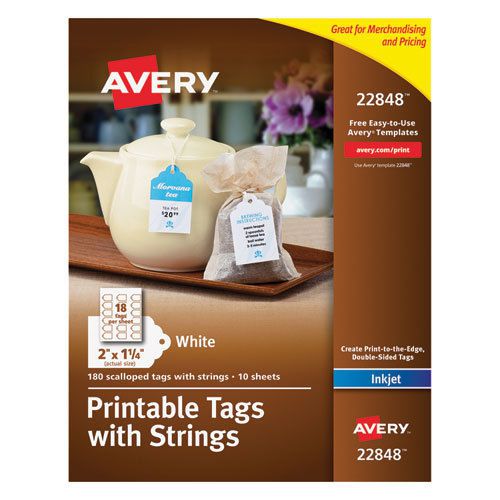 Printable Scalloped Edge Tags with Strings, 2 x 1 1/4, White, 180 Tags
