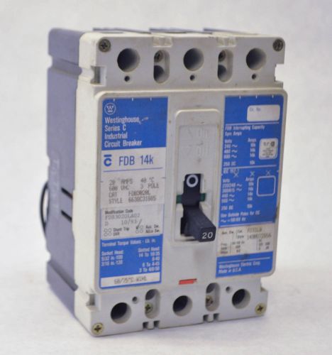 Westinghouse fdb3020l industrial circuit breaker w/ auxiliary 20a 600vac 3 pole for sale