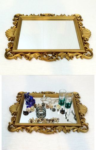Vtg Brass Gold Victorian Glass Mirror Display Jewelry Stones Gems Tabletop Wall