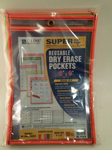 C-Line 6&#034; x 9&#034; Durable Reusable School Dry Erase Pockets Neon Colors 10 Pockets
