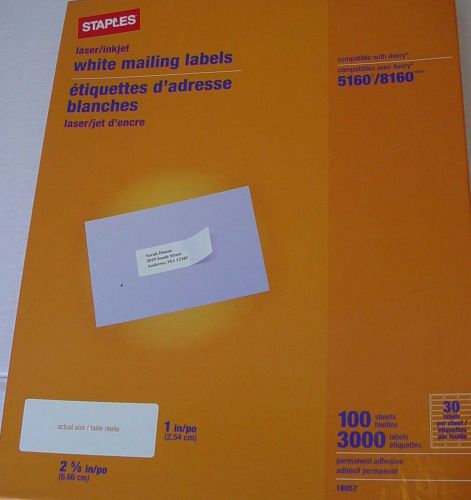 STAPLES 3000 Mailing Labels /100 sheets Laser/Ink Jet 2-5/8&#034;x1&#034; 5160/8160 Avery