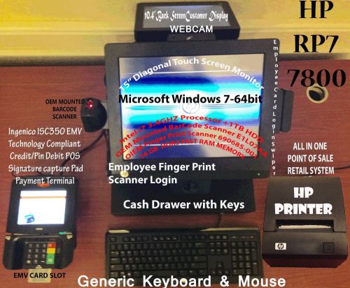HP RP7 7800 15&#034;Intel i5 2.5GHz 16GB 1TB EMV PIN PAD Scanner 10.4&#034; Back Display