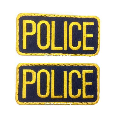 2 Small Police Patches 4 1/4 inches x 2 inches Gold on Navy
