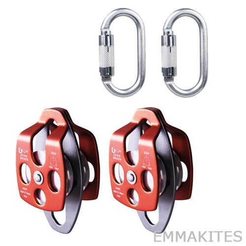 2 set 32kn mobile pulley and carabiners wheel block and tackle puller lift tools for sale