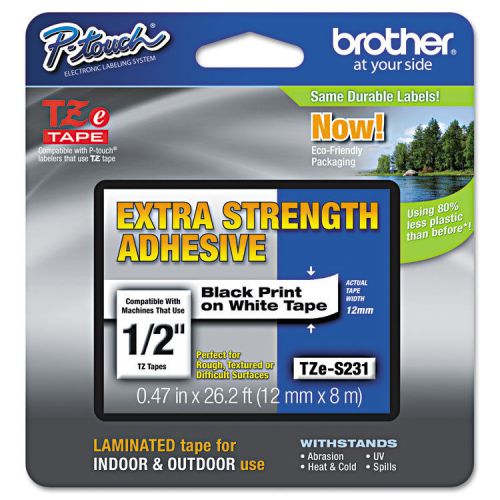 Brother P-Touch  Extra-Strength  Labeling Tape, 1/2&#034;, Black on White, TZE-S231