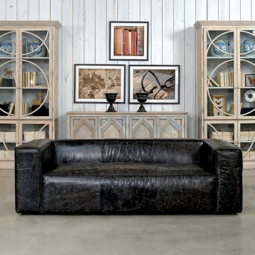 87&#034; Sofa Vintage Black Italian Leather, Birch Wood, Executive Office,Gorgeous!