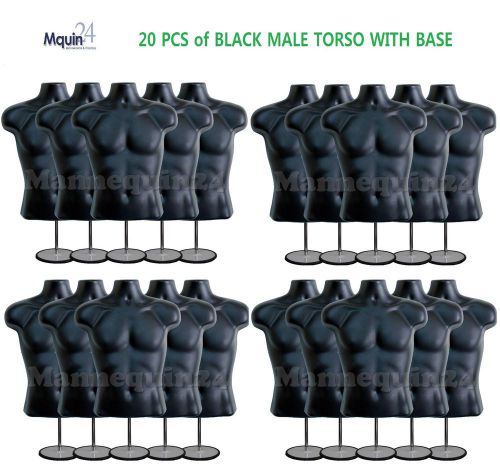 A lot of 20 black male torso mannequins (hollow back) + 20 stands + 20 hangers for sale