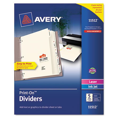 Avery 11512 Print-On Dividers, 8-1/2&#034;x11&#034;, 5 Tabs/1 Set, Ivory