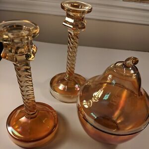 Vintage Pair Marigold Spiral Candlesticks Carnival Glass Carnival Pear dish