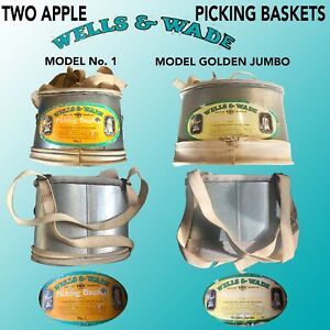 2 COMMERCIAL APPLE PICKING BASKETS BY WELLS &amp; WADE MODEL #1 &amp; MODEL GOLDEN JUMBO