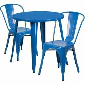 30&#039;&#039; Round Blue Metal Indoor-Outdoor Table Set with 2 Cafe Chairs