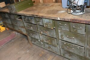 Vintage WWII Industrial Wood Top Workbench w/ Steel Drawers