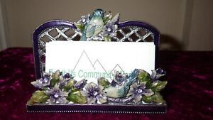 Jeweled Bird Vintage Enameled Pewter Business Card Holder Stand