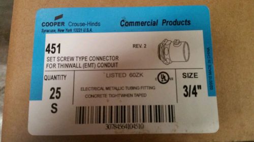 {25} Cooper 451 Set Screw Type Box Connector Thinwall Conduit 3/4&#034; Concrete NEW