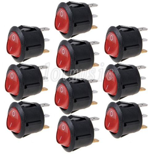 10* NEW Round Red 3 Pin SPST ON-OFF Rocker Switch With Neon Lamp