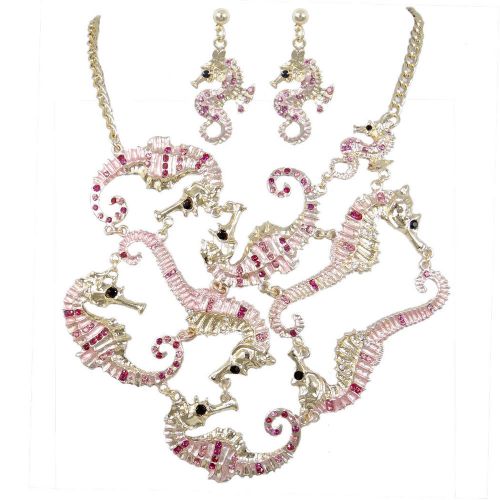 18K GP Stunning Sea Horse Animal Necklace Earring Set Rhinestone Crystal Pink