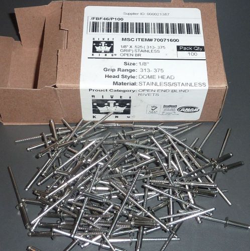 Box of 100 rivet kings fbf46 stainless steel open end blind rivets  1/8&#034; x .525 for sale