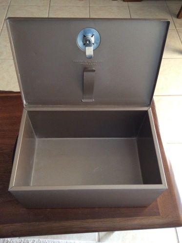 Vtg metal fire security box &amp; key made in rockaway long island n.y. walls 3/8&#034; for sale