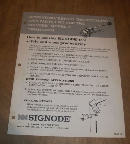 Operating/repair instructions &amp; parts list for the signode mod t tensioner for sale