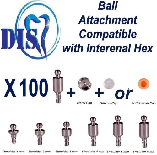 kit 100 Dental Implant Set Titanium Ball Attachments+ Metallic Cap+ Silicon Cap