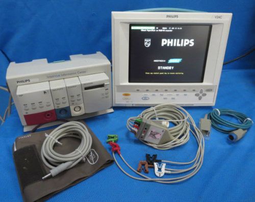 Philips v24c monitor with nibp, sp02, ecg, recorder modules and rack- new style! for sale