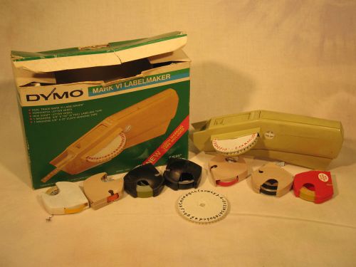Vintage Dymo Mark VI Label Maker w/ 2 Wheels,  assorted labeling tapes, in box