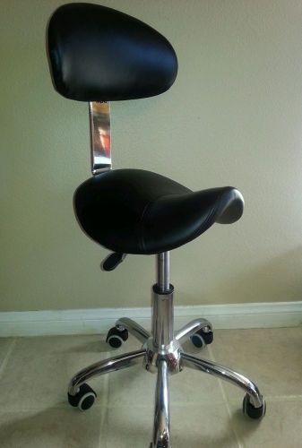 Black leather rolling saddle chair with back