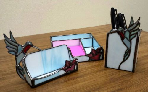 Hummingbird Desk Set, Card Holder &amp; Pen/Pencil Holder, Handmade Stained Glass