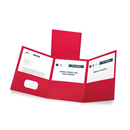 Tri-fold folder w/3 pockets, holds 150 letter-size sheets, red for sale