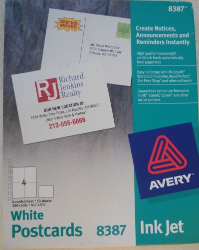 Avery 8387 -White 4.25 x 5.5 postcards - Inkjet - 50 sheets/200 cards - $23 list
