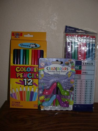 Colored Pencils Box Of 12,10 Dixon #2 Pencils &amp; 4 Pack Shoe Erasers !Free Ship!