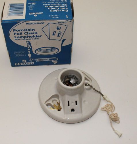 New in Box - Leviton 9726C Porcelain Pull Chain Lampholder with U-Ground Outlet