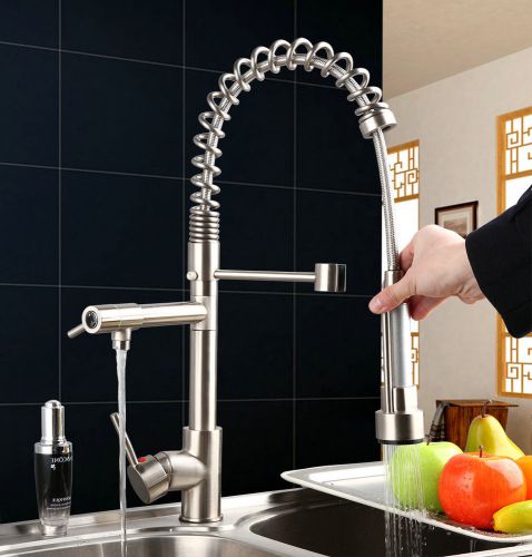 Nickel Brushed Double Water Spout Pull Out Kitchen Sink Mixer Tap Fauce tuyjhft