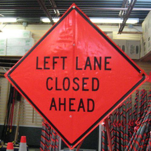 Left Lane Closed Ahead Sign Fluorescent Vinyl with Ribs 48&#034;x 48&#034;